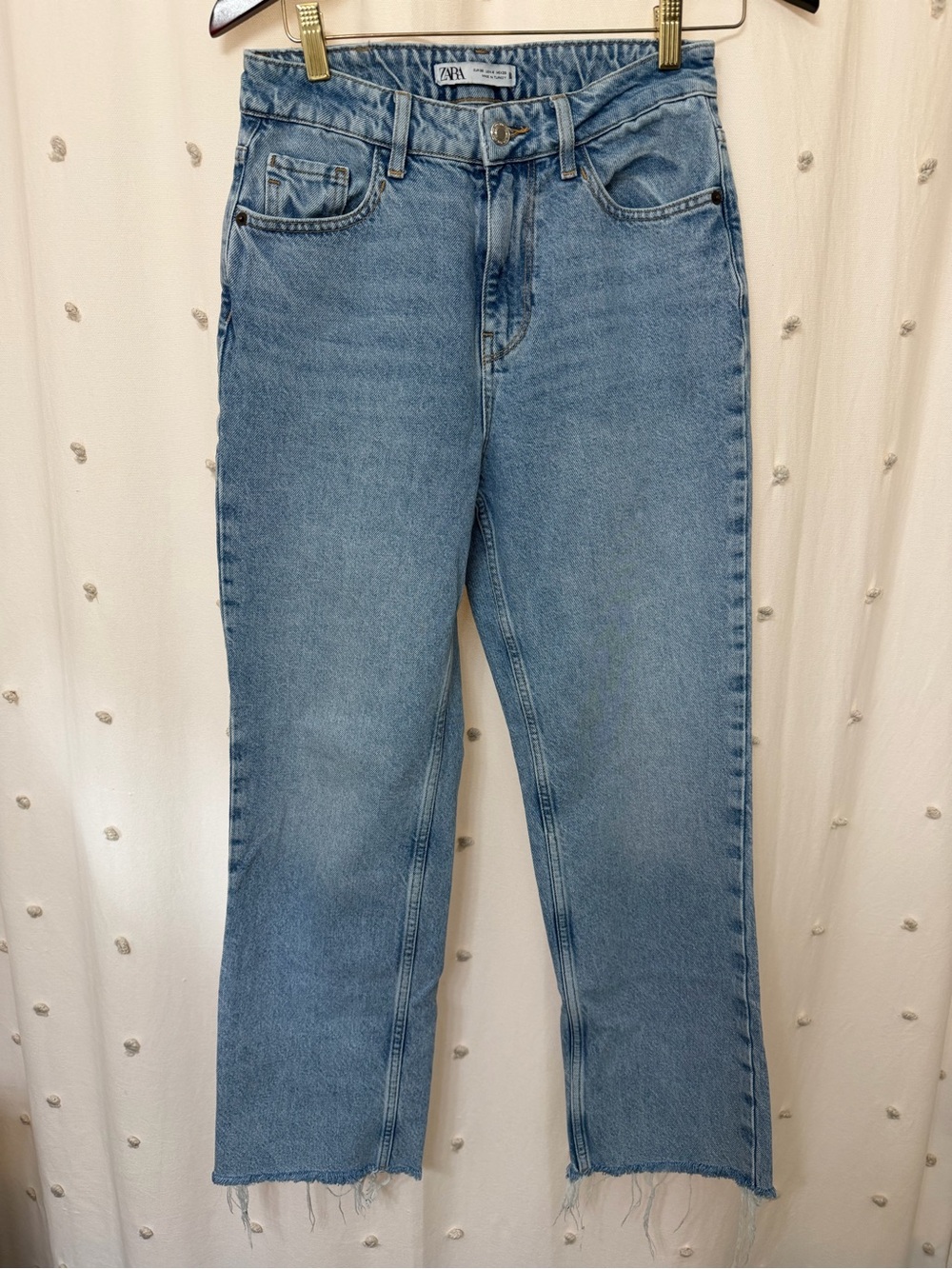 Zara High Waisted Light Blue Straight Leg Raw Hem Cropped Jeans